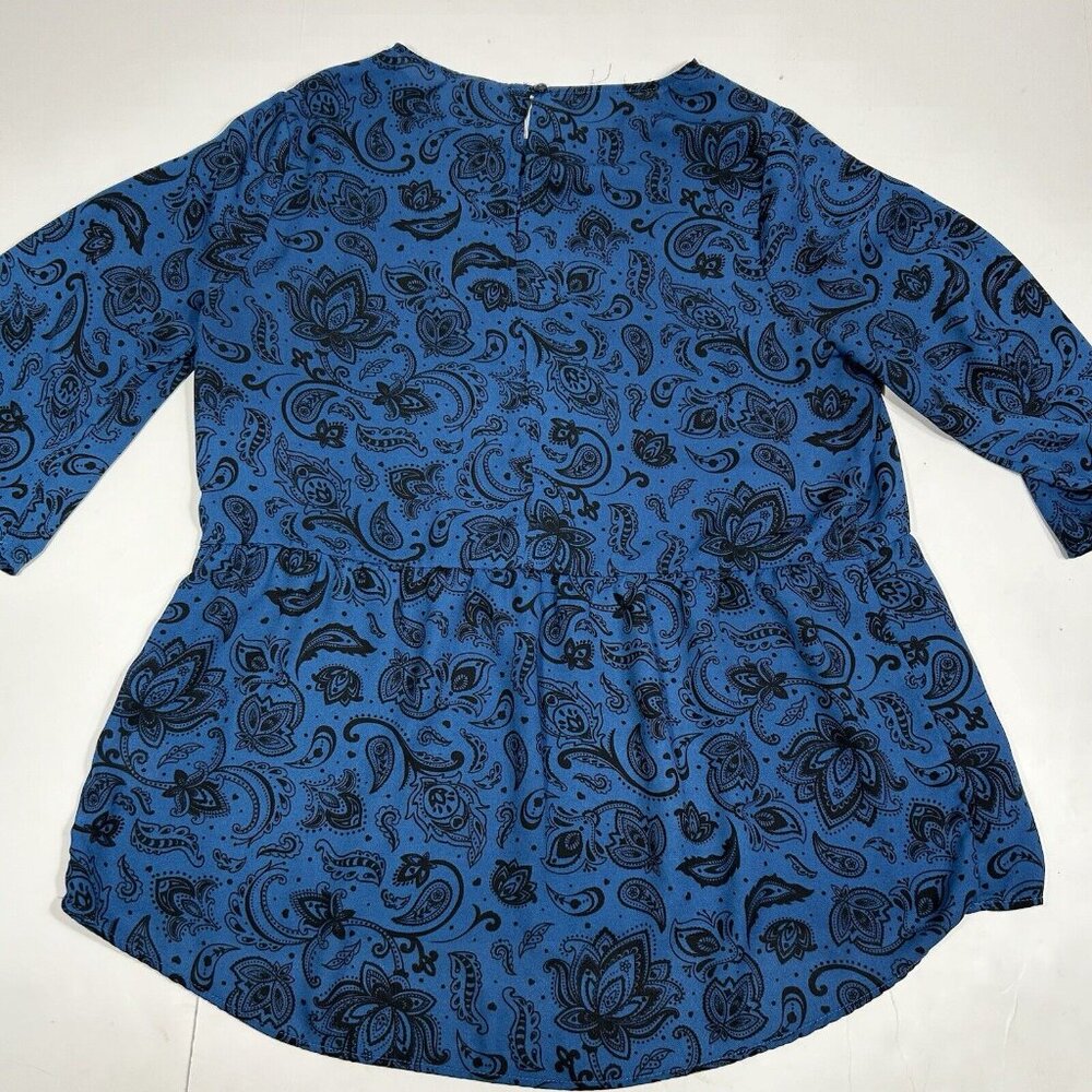 Faded Glory Peplum Top Women’s Medium M Blue Black Paisley ¾ Sleeves Crew Blouse - Picture 6 of 6